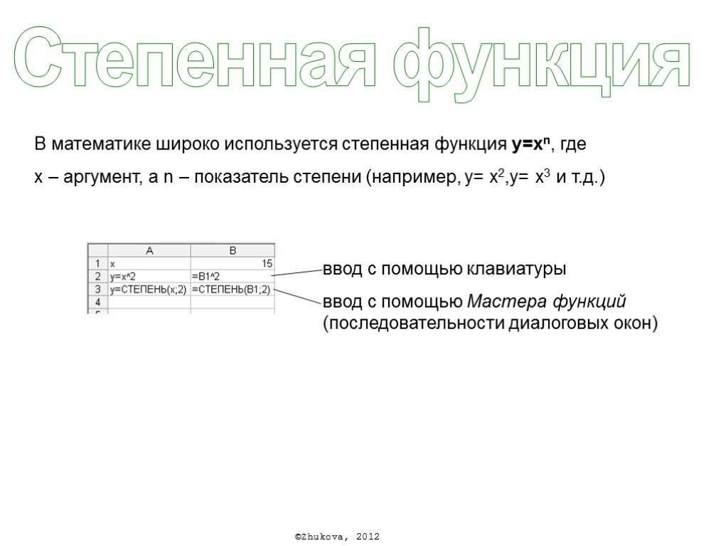 Степенная функция В математике широко используется степенная функция y=хn, где х – аргумент, а